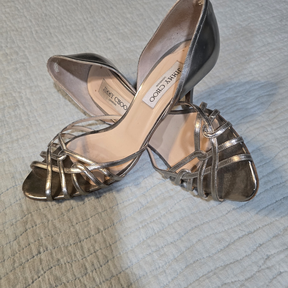 Jimmy Choo Silver Strappy Open-Toe Evening Heels